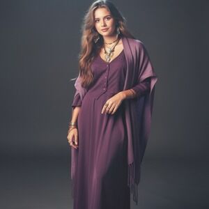 Vtg 90s Tie Back Vest Dress Womens 12 3/4 Sleeve Crinkle Embroidered Purple Maxi